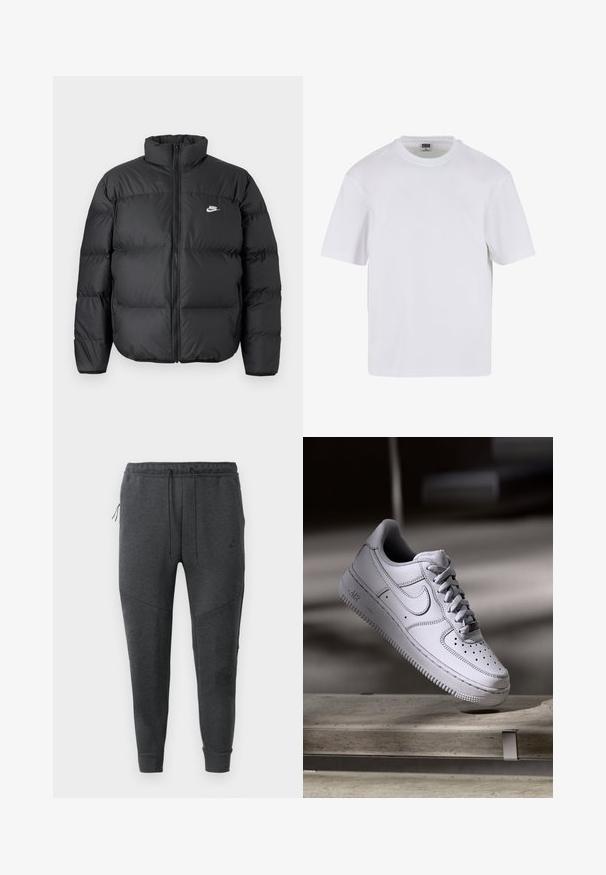 Čierna páperová bunda s vysokým golierom, zipsom a bielym logom Nike. Obsahuje prešívané časti pre izoláciu a polstrovanú textúru.; Biela polokošeľa s krátkym rukávom vyrobená z bavlny. Má okrúhly výstrih a voľný strih. Hladká textúra, minimalistický dizajn, bez vzorov alebo akcentov.; Tmavošedé jogger nohavice Nike s pásom na šnúrku, zipsovou bočnou vreckom, zúženými nohavicami a rebrovanými manžetami na bielom pozadí.; Biely kožený teniska Nike Air Force 1 má perforovanú špičku, ploché šnúrky a štruktúrovanú gumovú podrážku s nápisom „AIR“ na boku.