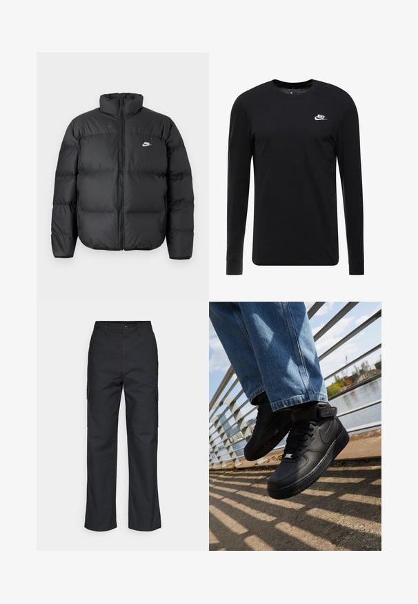 Sort puffjakke med høj krave, lynlåslukning og Nike-logo i hvidt. Har quiltede sektioner til isolering og en polstret tekstur.; Sort langærmet T-shirt lavet af bomuld, med rund hals, ribbede manchetter og et lille hvidt Nike-logo på brystet.; Sorte cargo bukser med lige ben i designet, der har sidelommer og et tekstureret stof. Knaplukning i taljen for en sikker pasform.; Sorte Nike Air Force 1 sneakers med læderoverdel, mesh-tunge og gummisål, der har et høj-top design og tykke snørebånd.
