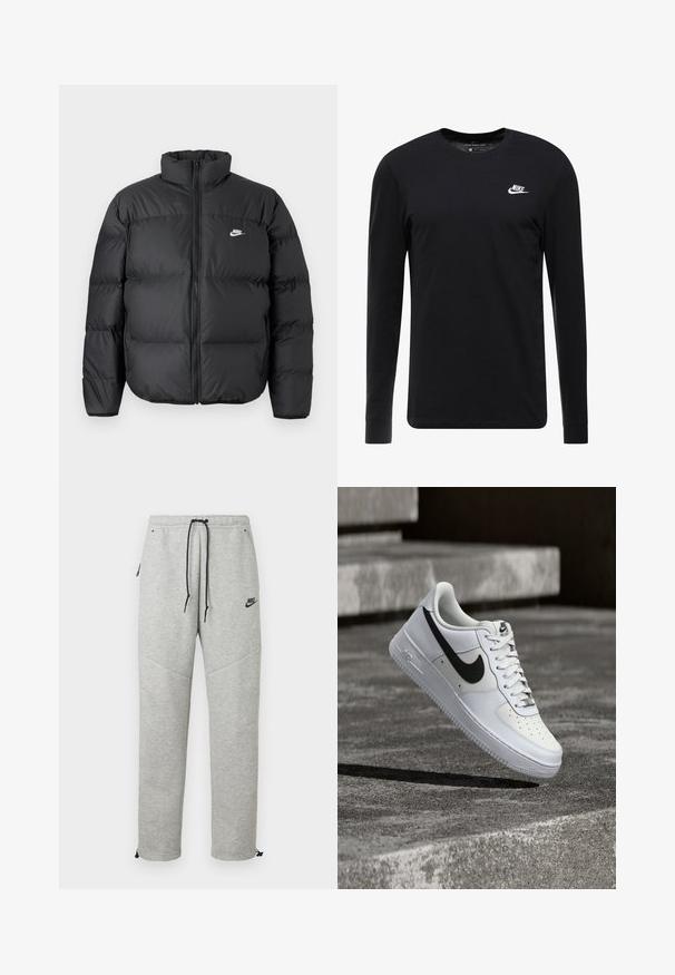 Zwarte pufferjack met hoge kraag, ritssluiting en witte Nike-logo. Heeft doorgestikte stukken voor isolatie en een gewatteerde textuur.; Zwart langemouwen T-shirt van katoen, met een ronde hals, ribgebreide manchetten en een klein wit Nike-logo op de borst.; Grijze Nike trainingsbroek met een verstelbare tailleband, zijzakken en elastische boorden. Heeft een soepele textuur en contrasterende zwarte logo-details.; Witte Nike Air Force 1 sneaker met zwarte swoosh, veters gestrikt, zwevend in de lucht boven een gestructureerd betonnen oppervlak buiten.
