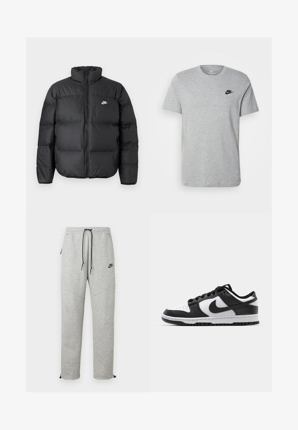 Čierna páperová bunda s vysokým golierom, zipsom a bielym logom Nike. Obsahuje prešívané časti pre izoláciu a polstrovanú textúru.; Sivý krátky rukáv T-shirt vyrobený z bavlny, s čiernym logom Nike na hrudi a okrúhlym výstrihom. Minimalistický dizajn bez vzorov.; Šedé Nike tepláky so sťahovacím pásom, bočnými vreckami a elastickými manžetami. Majú hladkú textúru a kontrastný čierny logotyp.; Čierno-biele tenisky Nike Dunk s koženým vrchom, perforovanou špičkou, čiernymi šnúrkami a čiernou gumovou podrážkou s dezénom.