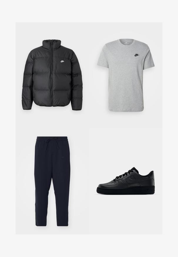 Zwarte pufferjack met hoge kraag, ritssluiting en witte Nike-logo. Heeft doorgestikte stukken voor isolatie en een gewatteerde textuur.; Grijze T-shirt met korte mouwen van katoen, voorzien van een zwart Nike-logo op de borst en een ronde halslijn. Minimalistisch ontwerp zonder patronen.; Navy joggingsbroek van zachte stof, met een elastische tailleband met trekkoord, taps toelopende pijpen en zijzakken.; Zwarte Nike Air Force 1 sneaker met een gladde leren bovenkant, geperforeerde neus voor ademend vermogen, zwarte veters en een getextureerde rubberen zool.