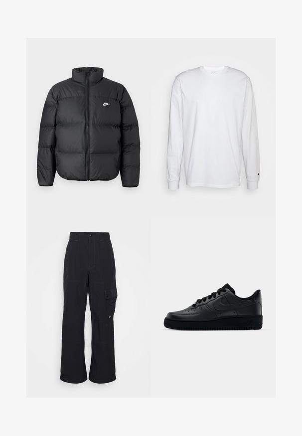 Čierna páperová bunda s vysokým golierom, zipsom a bielym logom Nike. Obsahuje prešívané časti pre izoláciu a polstrovanú textúru.; Biela dlhá bavlnená tričko s dlhým rukávom. Dizajn s okrúhlym výstrihom a rebrovanými manžetami, malá nášivka na ľavom rukáve. Hladká textura.; Čierne cargo nohavice vyrobené z texturovanej tkaniny, s voľným strihom, viditeľným šitím a bočnou vreckom so zapínaním na cvok.; Čierne tenisky Nike Air Force 1 s hladkým koženým zvrškom, perforovanou špičkou pre priedušnosť, čiernymi šnúrkami a textúrovanou gumovou podrážkou.