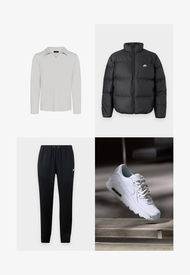 Čierna páperová bunda s vysokým golierom, zipsom a bielym logom Nike. Obsahuje prešívané časti pre izoláciu a polstrovanú textúru.; Matinique MAV - Polokošeľa - lunar rock; Čierne teplákové nohavice z mäkkej tkaniny, s elastickým pásom na šnúrky, s manžetami na členkoch a malým logom na boku.; Biele kožené tenisky s textúrovanými povrchmi, polstrovaným golierom a viditeľným vzduchovým odpružením v podrážke. Majú šnúrky a minimalistický dizajn.