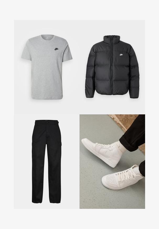 Abrigo de plumas negro con cuello alto, cierre de cremallera y logo de Nike en blanco. Presenta secciones acolchadas para aislamiento y una textura acolchada.; Camiseta de manga corta gris de algodón, con un logo negro de Nike en el pecho y un cuello redondo. Diseño minimalista sin patrones.; Pantalones cargo negros con corte recto, con bolsillos laterales, cierre de botón y puños elásticos en los tobillos. Fabricados con material resistente.; Zapatillas altas blancas hechas de cuero suave con puntera perforada, cierre de cordones y sutil detalle del logo en el lateral. Suela de goma texturizada.
