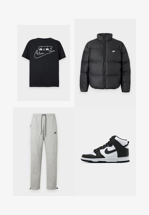 Sort puffjakke med høj krave, lynlåslukning og Nike-logo i hvidt. Har quiltede sektioner til isolering og en polstret tekstur.; Sort kortærmet T-shirt med fed hvid stiliseret "AIR" tekst og et swoosh-logo over brystet på en ensfarvet baggrund.; Grå Nike sweatpants med snøre i taljen, sidelommer og elastiske manchetter. Har en glat overflade og kontrastfarvet sort logo-detalje.; Sort og hvid høj-top sneakers med læderoverdel, perforeret tåboks, fremtrædende swoosh-logo og struktureret gummisål.