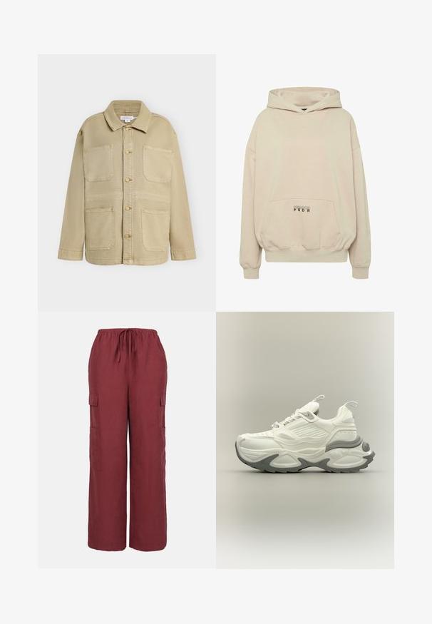 Chaqueta beige con botones, cuatro bolsillos frontales de parche, mangas largas y cuello puntiagudo, mostrada sobre un fondo liso.; Sudadera con capucha beige con bolsillo frontal, puños acanalados y capucha con cordón. Texto "PECADOR PGDR" impreso en el área del bolsillo.; Pantalones cargo burdeos de tela ligera con cintura ajustable, piernas anchas y dos bolsillos cargo laterales.; Zapatilla gruesa blanca y gris con suela texturizada, pestañas en la lengüeta y el talón, y diseño detallado de paneles en la parte superior.