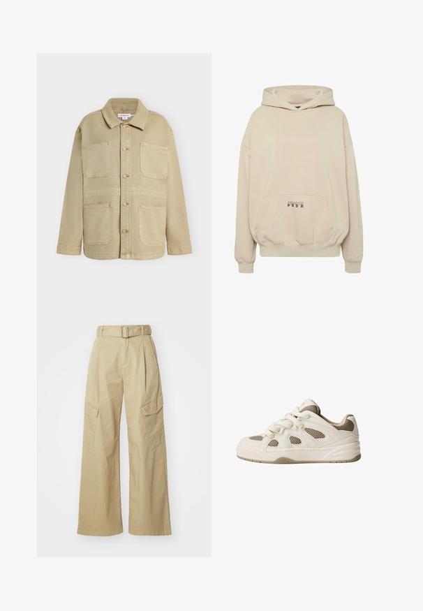 Beige jakke med knapper foran, fire forlommer, lange ærmer og spids krave, vist mod en ensfarvet baggrund.; Beige hættetrøje med en forlomme, ribbede manchetter og snøre i hætten. "PECADOR PGDR" tekst trykt på lommedelen.; Beige cargo bukser med vid ben, lavet af letvægtsstof. Har en bæltestrop i taljen, to sidelommer og markante frontfold.; Hvide og beige sneakers med mesh-paneler, rund tå, tyk sål og snørebåndsdesign. Har teksturerede detaljer og mønstret sål.