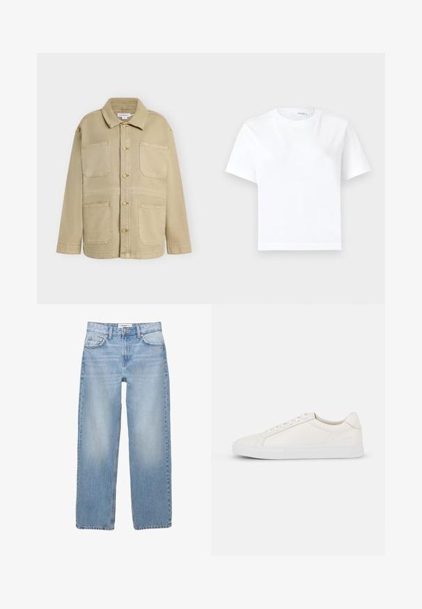 Veste beige à boutons avec quatre poches plaquées à l'avant, manches longues et col pointu, présentée sur un fond uni.; T-shirt blanc uni en coton à manches courtes, col rond et ourlet droit, présenté sur fond blanc.; Jean en denim bleu clair avec une coupe droite, style cinq poches et des détails de couture visibles. Le tissu a une texture douce et légèrement décolorée.; Baskets en cuir blanc avec une texture lisse, bout arrondi, devant à lacets et semelle plate en caoutchouc. Design simple sans motifs ni accents.