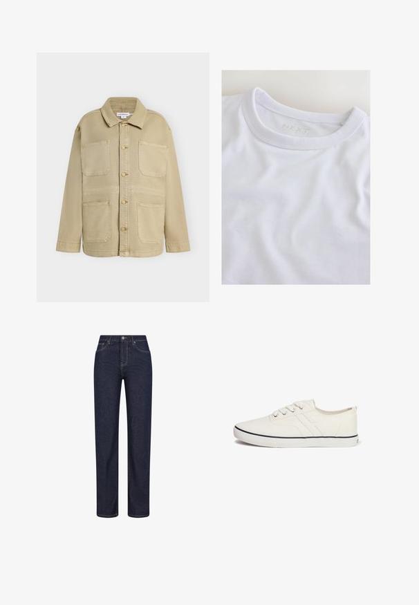 Veste beige à boutons avec quatre poches plaquées à l'avant, manches longues et col pointu, présentée sur un fond uni.; T-shirt blanc col rond avec une étiquette discrète "NEXT" visible à l'intérieur du col sur un fond clair.; Jean denim bleu foncé à coupe droite, avec poches avant, passants de ceinture et fermeture par bouton à la taille.; Baskets en toile blanches au design bas, à bout rond, avec six œillets, une bande de couleur marine et une semelle en caoutchouc texturée.