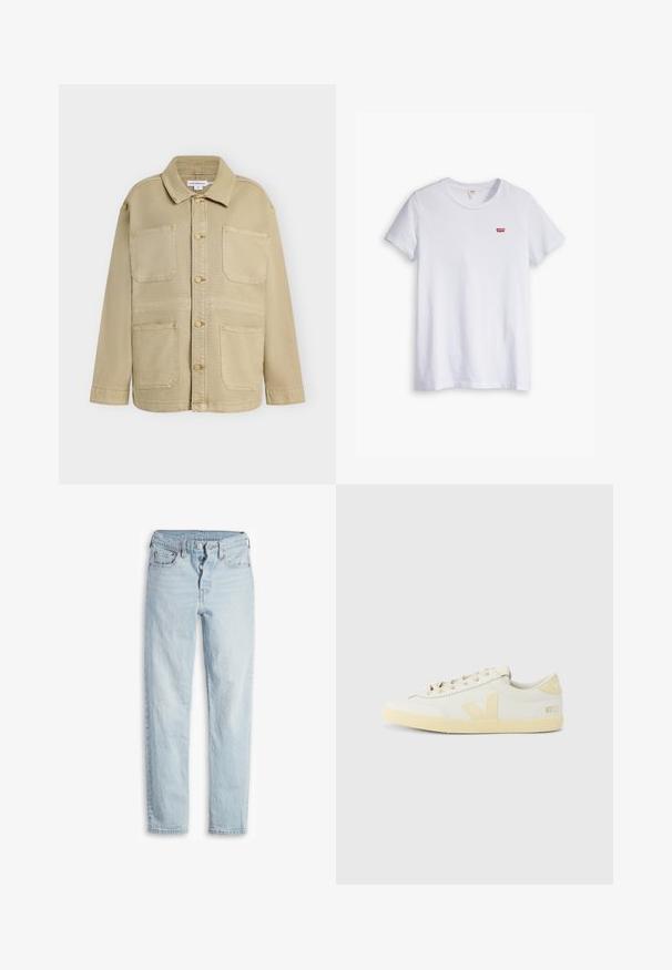 Beige jakke med knapper foran, fire forlommer, lange ærmer og spids krave, vist mod en ensfarvet baggrund.; Hvid bomulds t-shirt med korte ærmer og rund halsudskæring. Har et lille rødt Levi's-logo på venstre brystområde.; Lyseblå denimjeans med høj talje, fem-lomme design, knaplukning og lige ben. Har subtilt slid og en tekstureret finish.; Hvide læder sneakers med en beige accent på siden og hælen, med en tekstureret gummisål og rund tå-design.