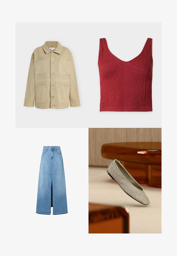 Beige Knopfleistenjacke mit vier aufgesetzten Fronttaschen, langen Ärmeln und spitzem Kragen, vor einfarbigem Hintergrund gezeigt.; Rotes, gestricktes Crop-Top mit Rundhalsausschnitt und erhabenen floralen und geometrischen Strukturmustern im gesamten Stoff.; Hellblauer Denim-Maxirock mit einem Frontschlitz, typischer A-Linien-Form, verarbeitetem Saum und klassischem Fünf-Taschen-Design. Knopfverschluss an der Taille.; Beiger Ballerinaschuh mit geometrischem Muster schwebt über einem hellen Teppich in einem modernen Zimmer mit bernsteinfarbenen Möbeln.