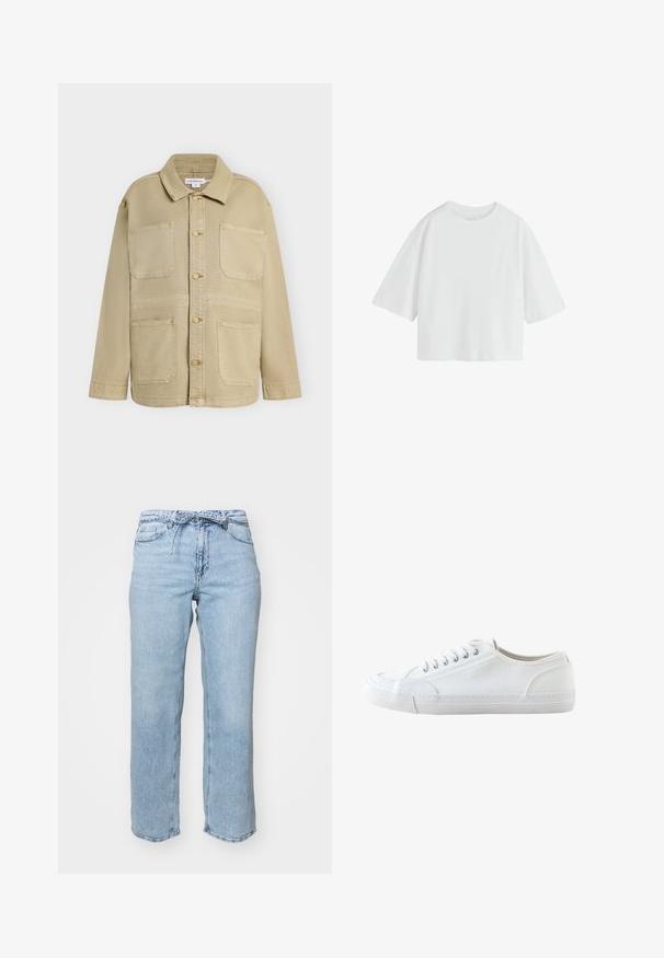 Beige jas met knopen, vier opgestikte borstzakken, lange mouwen en een puntige kraag, afgebeeld tegen een effen achtergrond.; Effen witte oversized T-shirt met korte mouwen, een ronde hals en een losse pasvorm.; Lichtblauwe denim jeans met een relaxed recht model, vijf zakken en een tailleband met lussen voor een riem. Verzorgde afwerking met subtiele vervaging.; Witte lage canvas sneaker met witte veters en rubberen zool, gezien van opzij op een witte achtergrond.