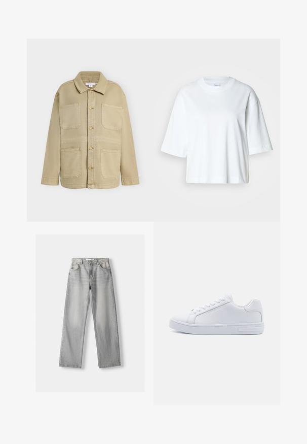 Beige jakke med knapper foran, fire forlommer, lange ærmer og spids krave, vist mod en ensfarvet baggrund.; Hvid cropped t-shirt med korte ærmer, rund halsudskæring, lavet af blødt bomuldsmateriale, med et enkelt og rent design.; Lys grå denim jeans med lige pasform, der har to frontlommer, en knappelukning og diskrete slidser for tekstur.; Hvide læder low-top sneakers med rund tå, flad gummisål og logo detaljer på siden. Har seks par snørrehuller og teksturerede accenter.