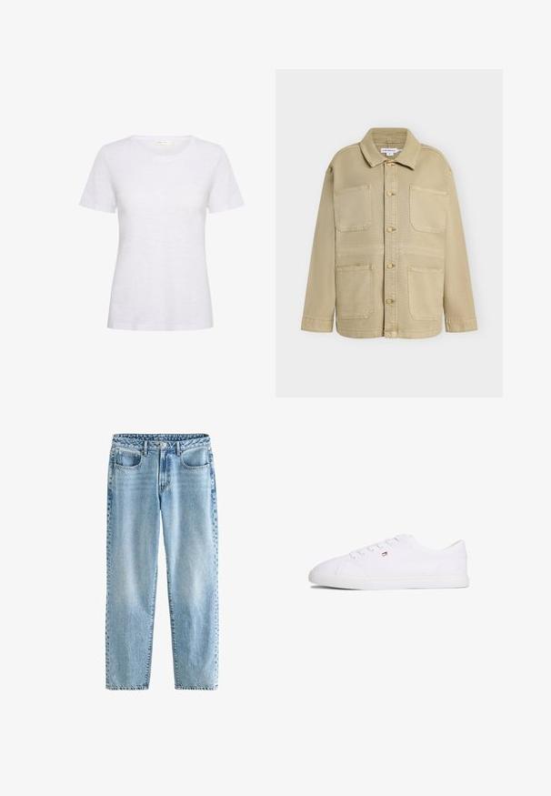 Chaqueta beige con botones, cuatro bolsillos frontales de parche, mangas largas y cuello puntiagudo, mostrada sobre un fondo liso.; Camiseta blanca de manga corta hecha de un tejido suave y ligero. Presenta un escote redondeado y una textura suave con un ligero brillo.; Jeans de mezclilla de color azul claro con un corte relajado. Presenta cuatro bolsillos, un cierre de botón clásico y un desvanecimiento mínimo para una textura uniforme.; Zapatilla blanca de corte bajo con cierre de cordones y pequeño logo en rojo, blanco y azul en el lateral, suela plana de goma.
