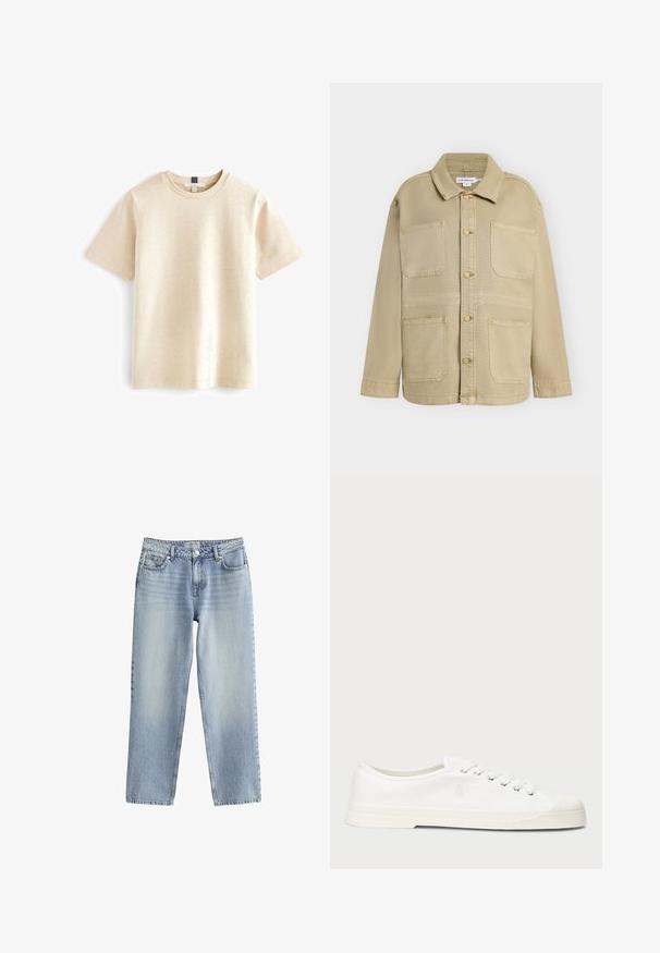 Chaqueta beige con botones, cuatro bolsillos frontales de parche, mangas largas y cuello puntiagudo, mostrada sobre un fondo liso.; Camiseta de manga corta beige hecha de algodón suave, con un escote redondo y un corte relajado con una textura sutil.; Jeans de mezclilla azul claro con un diseño de pierna recta, cintura alta y un ligero desvanecimiento. Cuentan con un cierre de botón y un estilo clásico de cinco bolsillos.; Zapatilla de lona blanca con puntera redonda, cierre de cordones y un discreto detalle de logo. Presenta una tela texturizada y suela de goma.