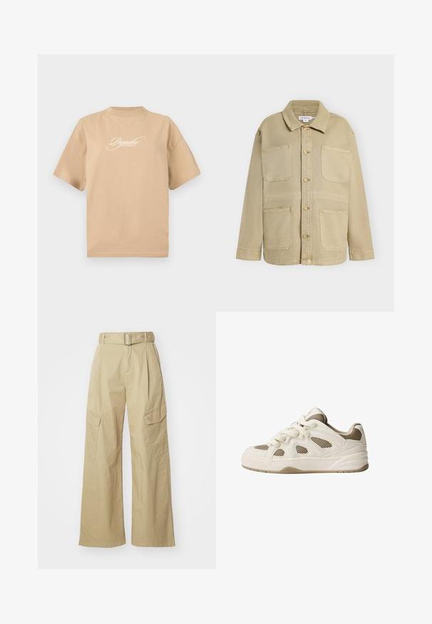 Beige jakke med knapper foran, fire forlommer, lange ærmer og spids krave, vist mod en ensfarvet baggrund.; Beige bomulds t-shirt med korte ærmer, rund halsudskæring og hvid skråskrift på fronten, der står "Pegador Dreams Come True."; Beige cargo bukser med vid ben, lavet af letvægtsstof. Har en bæltestrop i taljen, to sidelommer og markante frontfold.; Hvide og beige sneakers med mesh-paneler, rund tå, tyk sål og snørebåndsdesign. Har teksturerede detaljer og mønstret sål.