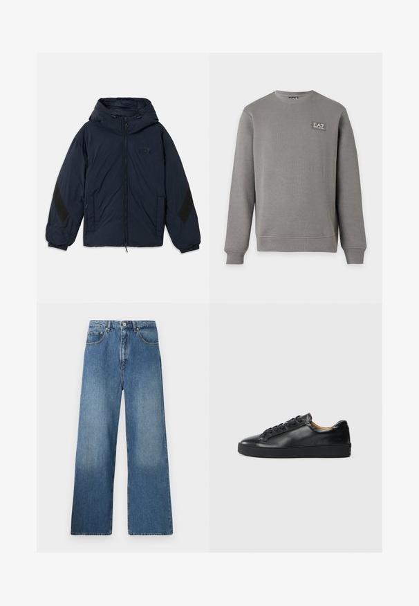 Marineblå hættejakke med lynlås foran, der har sorte accentpaneler på ærmerne og et prægtrykt logo på brystet. Glat, let materiale.; Grå langærmet sweatshirt med rund hals, ribkanter ved ærmer og kant, med et lille EA7 Emporio Armani logo patch på øverste venstre bryst.; Bredde ben blå denim jeans med et klassisk fem-lomme design, frontlukning med knap og let falming for tekstur.; Sorte lædersneakers med en glat overflade, rund tå og snørebåndslukning. Har en tyk gummisål og minimal branddetalje.
