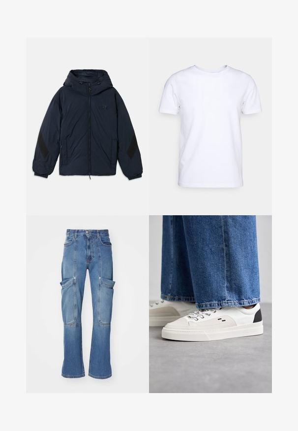 Marineblauwe hoodie-jack met een ritssluiting aan de voorkant, voorzien van zwarte accentpanelen op de mouwen en een reliëflogo-patch op de borst. Soepel, lichtgewicht materiaal.; Witte katoenen t-shirt met korte mouwen en een ronde hals. Eenvoudig ontwerp zonder patronen of accenten. Glad textuur.; Lichte blauwe denim cargobroek met een hoge taille, meerdere zijzakken en wijde pijpen, met contrasterende stiksels en een ritssluiting.; Witte en zwarte sneakers met een glad leren bovenwerk, textuuraccenten en een chunky witte zool. Heeft een klassiek vetersluiting ontwerp.