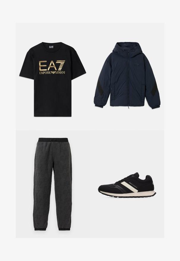 Marineblaues Kapuzenjackett mit Frontreißverschluss, das schwarze Akzentpaneele an den Ärmeln und ein geprägtes Logo-Label auf der Brust aufweist. Glattes, leichtes Material.; Schwarzes Baumwoll-T-Shirt mit kurzen Ärmeln, auf dessen Vorderseite ein in Gold gedrucktes "EA7 EMPORIO ARMANI" Logo prangt. Schlichtes Design, Rundhalsausschnitt.; Graue Jogginghosen aus strukturiertem Stoff mit einem Logo-Design über die gesamte Fläche, elastischem Bund und elastischen Bündchen an den Knöcheln.; Schwarz-weißer Armani Exchange Sneaker mit strukturiertem Obermaterial, seitlichem Streifen, Schnürverschluss und beiger Sohle auf einfachem Hintergrund.