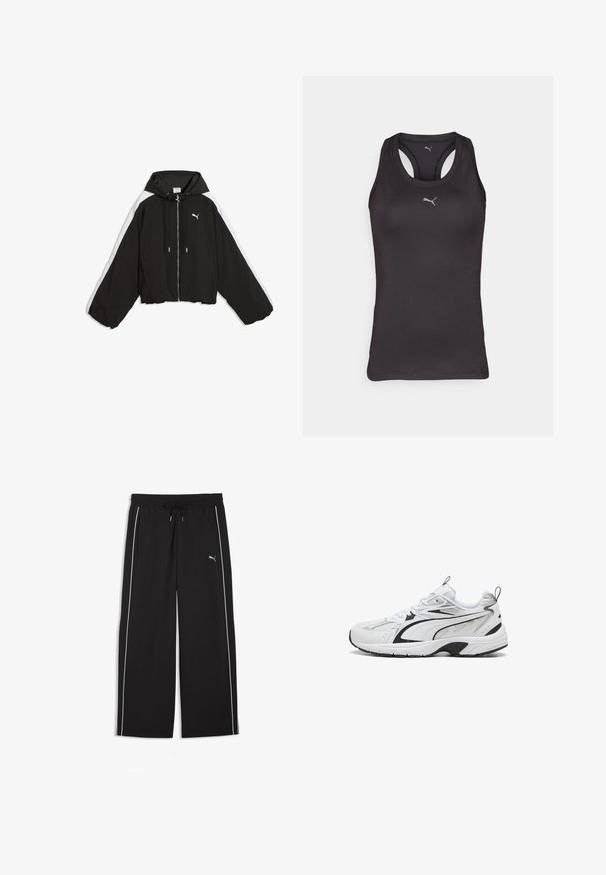 Sort zip-up Puma jakke med hvide striber på ærmerne, snørresnor i hætten og elastisk kant, lagt ud fladt på hvid baggrund.; Sort atletisk tanktop med racerback-design, lavet af glat stof, med et lille gråt logo i midten på fronten.; Sorte løstsiddende bukser med elastisk taljebånd og snøring, hvide sidestriber, forlommer og lille blåt Puma-logo på venstre lår.; Hvide og sorte atletiske sneakers med mesh- og læderdetaljer, snørebåndslukning og tyk polstret sål på en hvid baggrund.