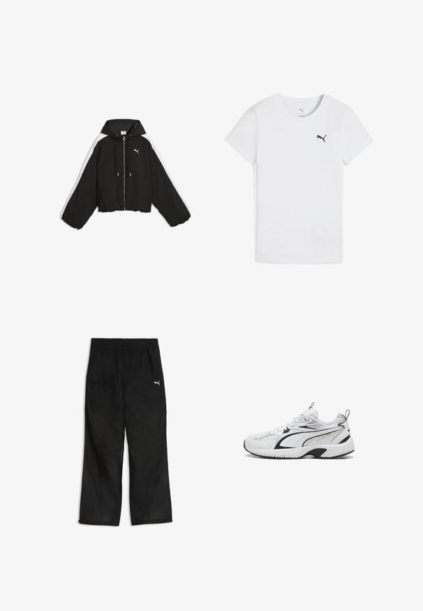 Chaqueta negra de Puma con cremallera, franjas blancas en las mangas, capucha con cordón y dobladillo elástico, extendida sobre fondo blanco.; Camiseta blanca de algodón con cuello redondo, que presenta un pequeño logo negro de Puma en el lado izquierdo del pecho. Manga corta y corte clásico.; Pantalones deportivos negros hechos de tela ligera y texturizada. Presentan una cintura elástica y un pequeño logo blanco en la pierna izquierda.; Zapatilla deportiva blanca y negra con detalles de malla y cuero, cierre con cordones y suela gruesa y acolchada sobre un fondo blanco.