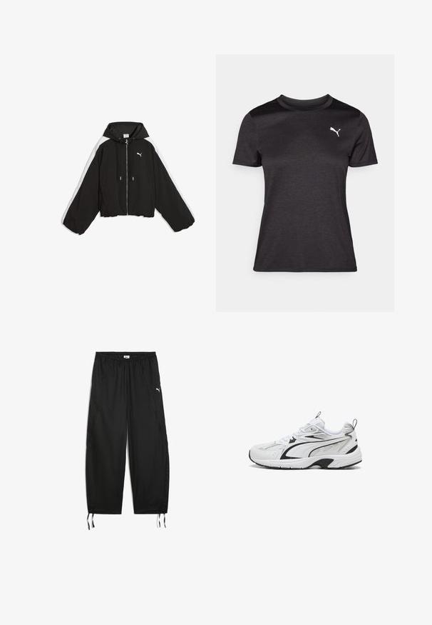 Schwarze Puma Jacke mit Reißverschluss, weißen Streifen an den Ärmeln, Kordelzugkapuze und elastischem Saum, flach auf weißem Hintergrund liegend.; Schwarzes Sport-T-Shirt mit kurzen Ärmeln, Rundhalsausschnitt und einem weißen Logo auf der Brust. Glatte Textur und figurbetonter Schnitt.; Schwarze Sporthosen aus leichtem Stoff mit einem elastischen Bund, Kordelzügen an den Säumen und Seitennähten. Verfügt über ein kleines weißes Logo.; Schwarze und weiße Sport sneakers mit Mesh- und Lederdetails, Schnürverschluss und dicker gepolsterter Sohle auf weißem Hintergrund.