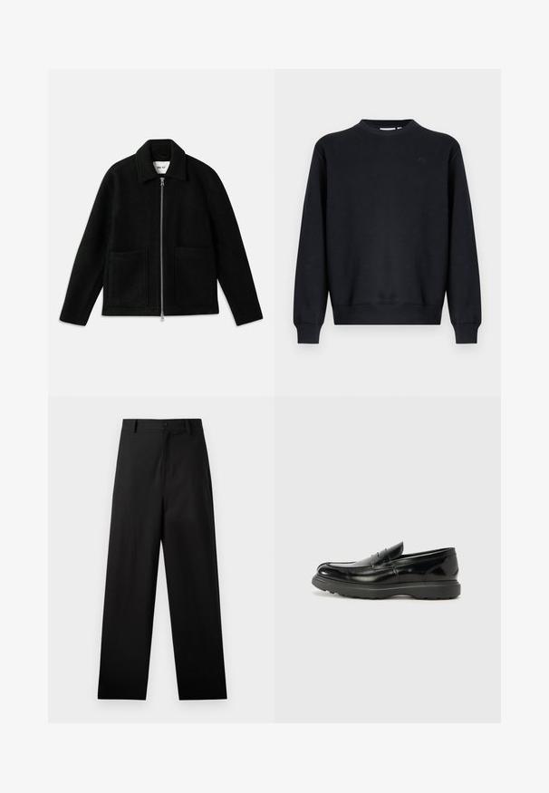 Sort uldjakke med lynlås foran, krave og to store påsyede lommer. Glat tekstur med en struktureret design.; Sort sweatshirt lavet af bomuldsblend. Rund halsudskæring, lange ærmer, ribstrikkede manchetter og kant. Diskret logo på brystet.; Sorte bukser lavet af bomuld med lige ben-design, der har en frontknaplukning og sidelommer. Glat tekstur, ingen mønstre.; Sort læderloafer med en blank finish, rund tå, subtile syninger og en tyk gummisål for holdbarhed.