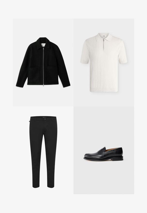 Chaqueta de lana negra con cremallera frontal, cuello extendido y dos bolsillos de parche grandes. Textura suave con un diseño estructurado.; Polo blanco de punto acanalado de manga corta con cuello y cierre frontal de cremallera sobre fondo liso.; Pantalones negros de tela suave. Cuentan con un cierre de botón, pasadores para cinturón y un diseño ajustado con perneras estrechas. Sin patrones visibles.; Mocasín de cuero negro con un acabado suave, punta redondeada y una pequeña solapa frontal. Presenta un tacón bajo, totalmente negro y un diseño con acentos mínimos.