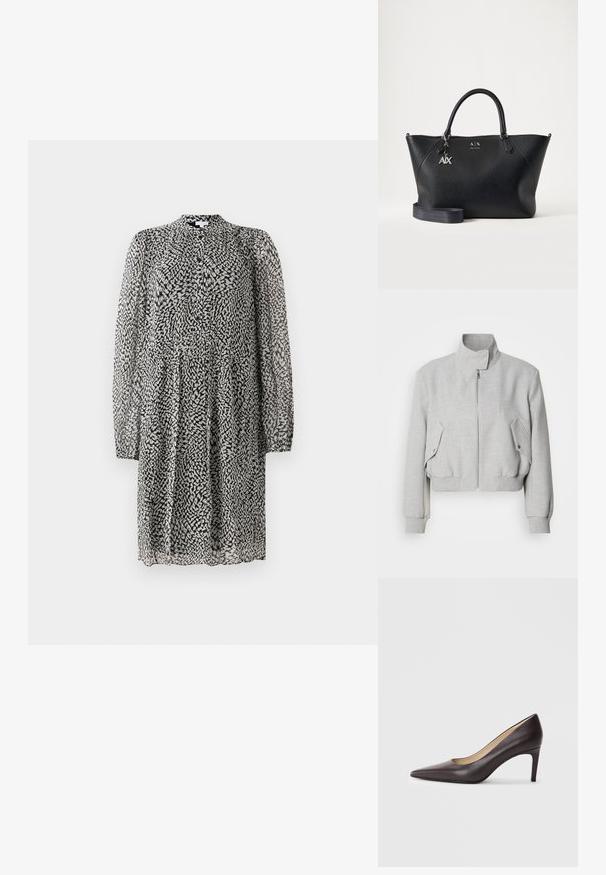 Lys grå cropped jakke med høj krave, lynlåslukning og ribbede manchetter. Har to skrå sidelommer med trykknapper.; Sort og hvid knælang kjole med lange gennemsigtige ærmer, knaplukning foran, løs pasform og abstrakt pletmønster på let stof.; Brun læderhøjhælet sko med spids snude og en slank hæl på 7 cm, glat tekstur og minimalistisk design. Ingen synlige pynt.; Sort læder Armani Exchange håndtaske med to håndtag, sølv A|X vedhæng og aftagelig skulderrem mod en ensfarvet lys baggrund.