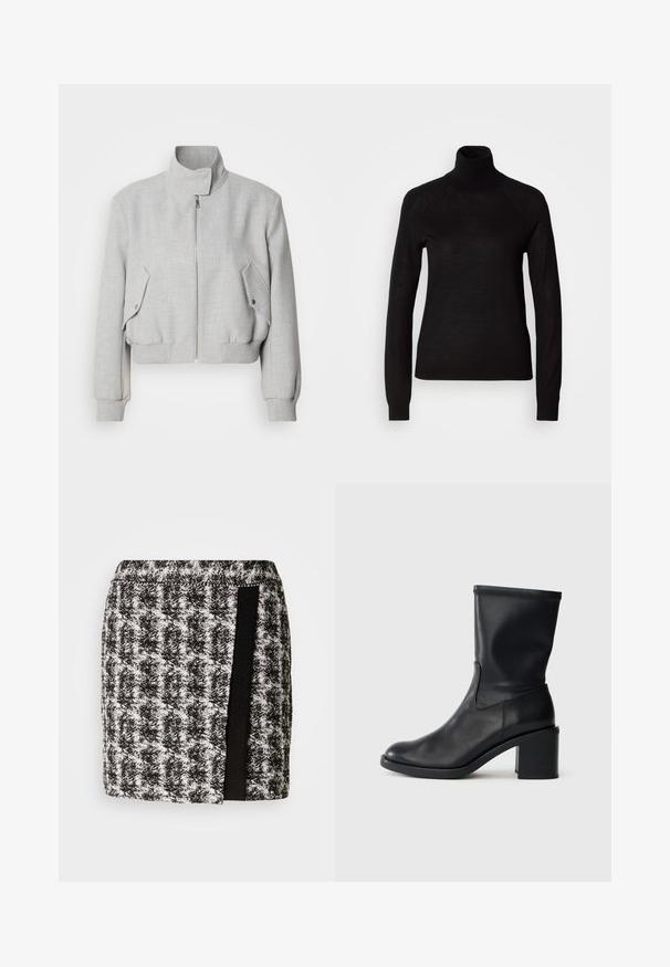 Lys grå cropped jakke med høj krave, lynlåslukning og ribbede manchetter. Har to skrå sidelommer med trykknapper.; Sort turtleneck sweater lavet af et let strikket stof. Har lange ærmer og en tætsiddende silhuet med raglan-sømme.; Sort og hvid houndstooth nederdel med elastisk talje, der har et sort stofpanel på siden. Kortskaft, tekstureret stof.; Sort læder ankelstøvle med rund tå, glat tekstur og en grov hæl, der har et tætsiddende skaft og subtil syning.