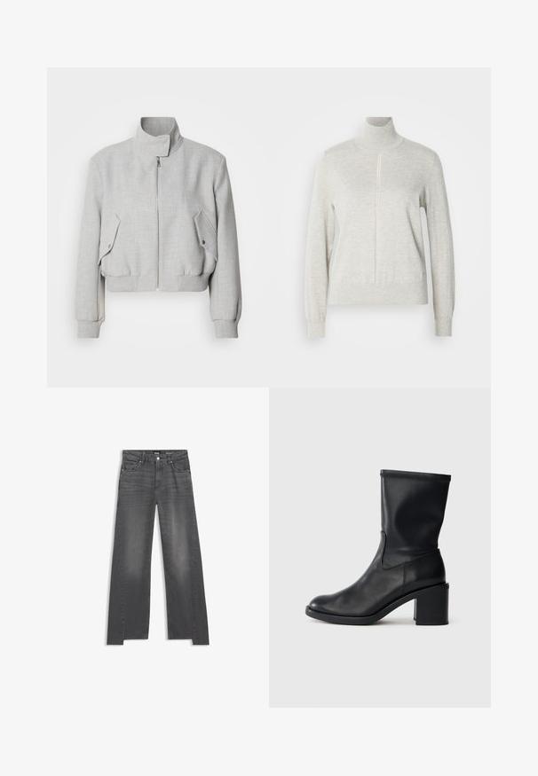 Lys grå cropped jakke med høj krave, lynlåslukning og ribbede manchetter. Har to skrå sidelommer med trykknapper.; Lys grå sweater med høj krave og kvart lynlås. Lavet af et blødt, struktureret materiale, der har lange ærmer og en tætsiddende kant.; Grå denim jeans med vid benåbning, der har et klassisk fem-lomme design og subtil falming over stoffet.; Sort læder ankelstøvle med rund tå, glat tekstur og en grov hæl, der har et tætsiddende skaft og subtil syning.