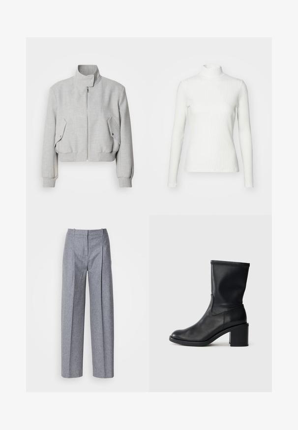 Hellgraue, verkürzte Jacke mit hohem Kragen, Reißverschluss und gerippten Bündchen. Verfügt über zwei schräg geschnittene Seitentaschen mit Druckknöpfen.; Weißes geripptes Turtleneck-Oberteil mit langen Ärmeln, aus elastischem Stoff. Verfügt über ein enganliegendes Design und einen hohen Kragen für zusätzlichen Schutz.; Helle graue weit geschnittene Hosen aus strukturiertem Stoff, mit Falten vorne und einem taillierten Bund. Minimalistisches Design, keine sichtbaren Beschläge.; Schwarze Leder-Ankle Boots mit runder Zehenform, glatter Oberfläche und dicker Absatz, ausgestattet mit einem eng anliegenden Schaft und subtilen Nähten.