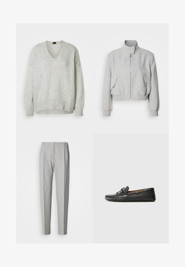 Chaqueta corta de color gris claro con cuello alto, cierre de cremallera y puños acanalados. Presenta dos bolsillos laterales en ángulo con botones de presión.; Suéter gris de punto con cuello en V, dobladillo acanalado y corte holgado. Presenta patrones sutiles y una textura suave. Etiqueta de marca visible.; Pantalones plisados de color gris claro con un corte entallado. Presentan una tela texturizada, bolsillos laterales y un diseño clásico de pierna recta.; Zapato náutico de cuero negro con punta redondeada, detalles de costura, pequeño lazo decorativo y suela de goma. Textura suave y diseño aerodinámico.