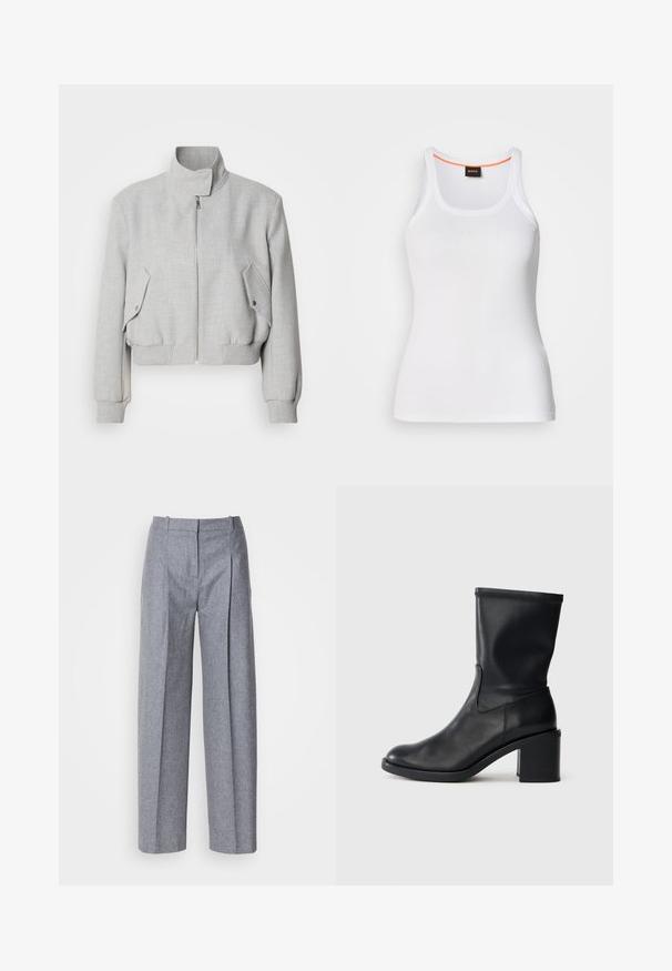 Veste courte gris clair avec un col haut, fermeture éclair et poignets côtelés. Dispose de deux poches latérales inclinées avec boutons-pression.; Débardeur blanc côtelé avec un col rond, présentant un design à bretelles étroites et un accent orange le long de l'intérieur du col. Logo de la marque affiché.; Pantalons larges gris clair en tissu texturé, avec des plis à l'avant et une taille cintrée. Design minimaliste, sans matériel visible.; Botte en cuir noir à cheville avec un bout rond, texture lisse et un talon épais, présentant un tige ajustée et un subtil détail de couture.