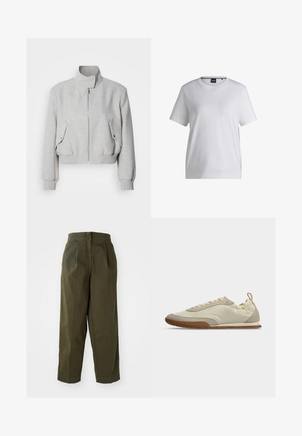 Lichtgrijze cropped jas met een hoge kraag, ritssluiting en geribbelde manchetten. Beschikt over twee schuine zijzakken met drukknoopsluitingen.; Witte katoenen t-shirt met een ronde halslijn, korte mouwen en een ontspannen pasvorm. Heeft een klein merketiket nabij de kraag.; Olijfgroene, wijde broek met een hoge taille, voorzien van plooien aan de voorkant en omgeslagen zoom. Gemaakt van lichte stof met een soepele textuur.; Low-profile beige sneaker met witte veters, suède accenten, een bruine rubberen zool en een trekriempje aan de hiel.