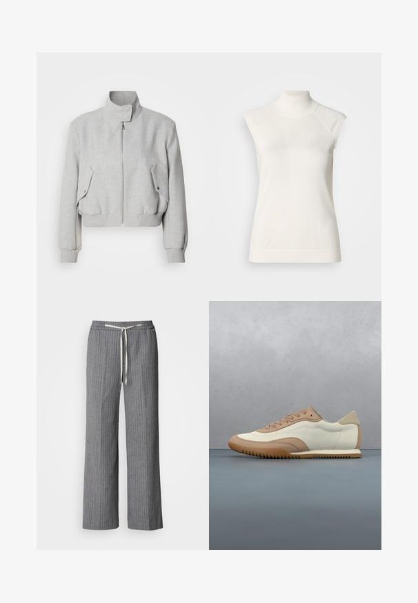 Veste courte gris clair avec un col haut, fermeture éclair et poignets côtelés. Dispose de deux poches latérales inclinées avec boutons-pression.; Haut sans manches à col roulé blanc en matière douce ; présente une coupe ajustée avec un col montant et une texture subtilement côtelée à l'ourlet.; Pantalons larges à rayures gris en tissu texturé. Dotés d'une taille élastique avec un cordon crème.; Baskets crème et beige avec une tige texturée, des lacets et une semelle en caoutchouc, présentées au-dessus d'une surface en bois avec des cailloux.