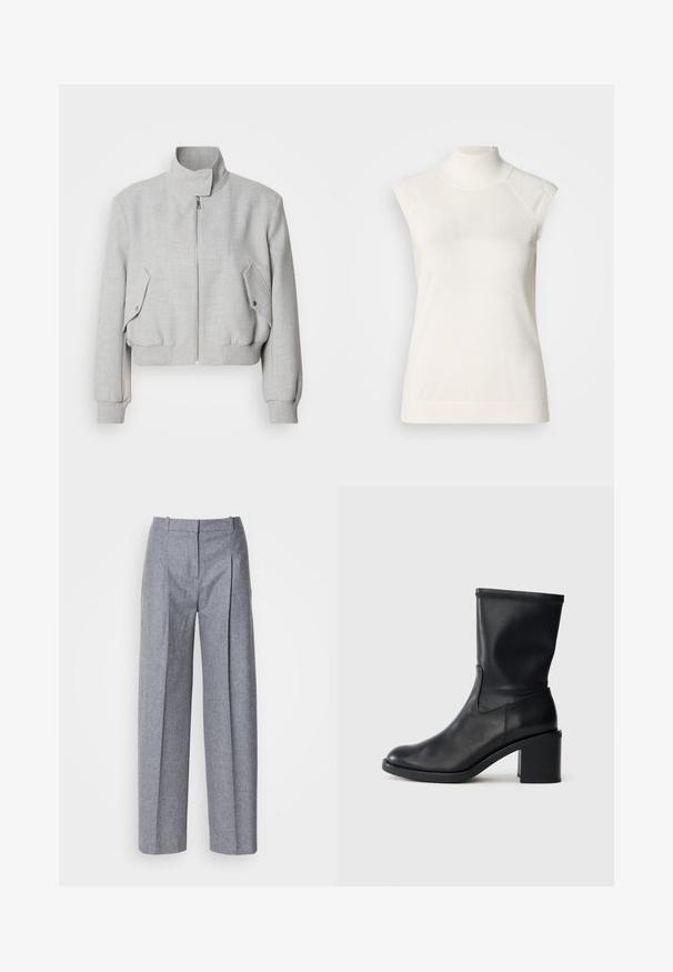 Chaqueta corta de color gris claro con cuello alto, cierre de cremallera y puños acanalados. Presenta dos bolsillos laterales en ángulo con botones de presión.; Top sin mangas de cuello alto blanco hecho de material suave; presenta un diseño ajustado con un cuello alto y una textura acanalada sutil en el dobladillo.; Pantalones de pierna ancha color gris claro con una tela texturizada, que presentan pliegues en la parte delantera y una cintura entallada. Diseño minimalista, sin herrajes visibles.; Botín negro de cuero hasta el tobillo con punta redonda, textura suave y tacón grueso, que presenta un eje ajustado y un sutil detalle de costura.