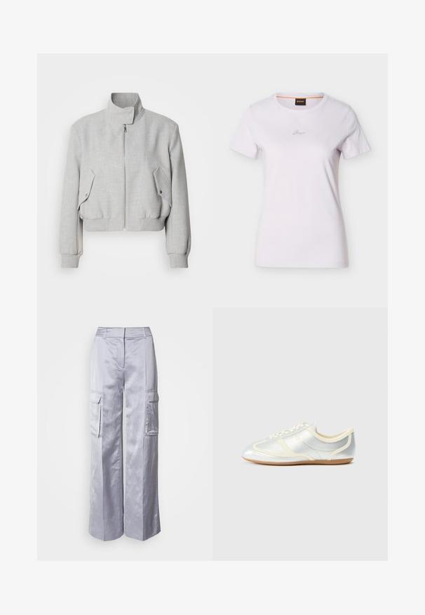 Lys grå cropped jakke med høj krave, lynlåslukning og ribbede manchetter. Har to skrå sidelommer med trykknapper.; Hvid T-shirt med korte ærmer, rund hals og lille kursiv logo centreret på brystet samt sort mærke med orange kant inde i kraven.; Lysegrå bred-leg cargo bukser lavet af glat stof, med sidelommer, skræddersyet talje og uden synlige hængsler eller lynlåse.; Sølvfarvede syntetiske sneakers med cremefarvede detaljer, lav profil, rundet snude og flad gummisål; har klassiske syninger og snørelukning.