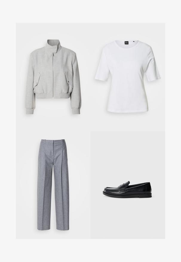 Lys grå cropped jakke med høj krave, lynlåslukning og ribbede manchetter. Har to skrå sidelommer med trykknapper.; Hvid T-shirt med korte ærmer og rund hals, med en tætsiddende pasform og et lille sort BOSS-mærke ved halskanten.; Lys grå bredbenede bukser i et struktureret stof, med plisseringer foran og en skræddersyet talje. Minimalistisk design, ingen synlig hardware.; Sorte læder loafers med en syet accentdesign, rund tå, flad gummisål og en glat finish. Klassisk, alsidig silhuet.