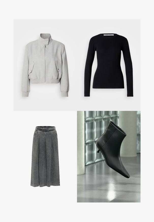 Lichtgrijze cropped jas met een hoge kraag, ritssluiting en geribbelde manchetten. Beschikt over twee schuine zijzakken met drukknoopsluitingen.; Zwarte lange mouwen top van ribstof. Heeft een ronde halslijn en een getailleerde pasvorm. Geen patronen of versieringen. Eenvoudig ontwerp.; Grijze spijkerrok met plooien, elastische tailleband, knielengte en een gestructureerd oppervlak. Eenvoudig ontwerp zonder zichtbare patronen of versieringen.; Zwarte leren enkellaars met spits toelopende neus en lage kittenhak, schuin weergegeven tegen een gepolijste vloer en een glazen blokken muur als achtergrond.