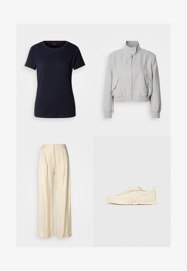 Hellgraue, verkürzte Jacke mit hohem Kragen, Reißverschluss und gerippten Bündchen. Verfügt über zwei schräg geschnittene Seitentaschen mit Druckknöpfen.; Marineblaues Kurzarm-T-Shirt aus Baumwolle mit Rundhalsausschnitt und einem kleinen gestickten Logo auf der Brust. Glatte Textur.; Hohe Taille, cremefarbene Seidenhose mit Falten, weitem Bein und einem versteckten Reißverschluss vorne vor schlichtem weißem Hintergrund.; Niedrig geschnittener, cremefarbener Sneaker mit wellenförmiger Naht, Schnürverschluss und einer profilierten Sohle, seitlich auf einem einfarbigen Hintergrund dargestellt.
