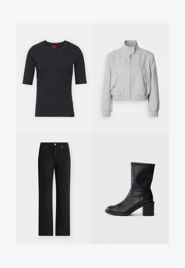 Veste courte gris clair avec un col haut, fermeture éclair et poignets côtelés. Dispose de deux poches latérales inclinées avec boutons-pression.; T-shirt noir en coton avec manches courtes, col rond et design minimaliste. Présente une étiquette de marque rouge au niveau du col.; Jean noir droit avec fermeture avant par bouton et zip, design cinq poches et passants pour ceinture.; Botte en cuir noir à cheville avec un bout rond, texture lisse et un talon épais, présentant un tige ajustée et un subtil détail de couture.