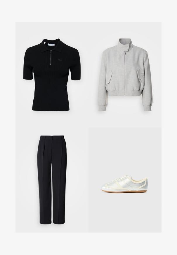 Lys grå cropped jakke med høj krave, lynlåslukning og ribbede manchetter. Har to skrå sidelommer med trykknapper.; Sort ribbet polo shirt med korte ærmer, lynlås krave og en diskret logo detalje. Lavet af tekstureret strikmateriale.; Sorte, skræddersyede bukser med lige ben, forkanter med læg, bæltestropper og skjult lukning foran mod en hvid baggrund.; Sølvfarvede syntetiske sneakers med cremefarvede detaljer, lav profil, rundet snude og flad gummisål; har klassiske syninger og snørelukning.