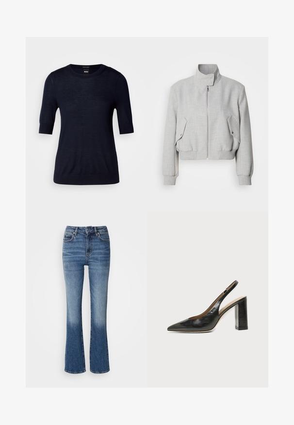 Veste courte gris clair avec un col haut, fermeture éclair et poignets côtelés. Dispose de deux poches latérales inclinées avec boutons-pression.; Pull bleu marine à manches courtes en tissu tricot léger. Il présente un col rond et une finition côtelée pour un look ajusté.; Jean flare en denim avec un dégradé de bleu clair à foncé, taille haute, cinq poches et un léger délavage sur le bas des jambes.; Chaussure slingback en cuir noir à bout pointu avec un talon bloc haut et une doublure intérieure beige sur un fond clair uni.