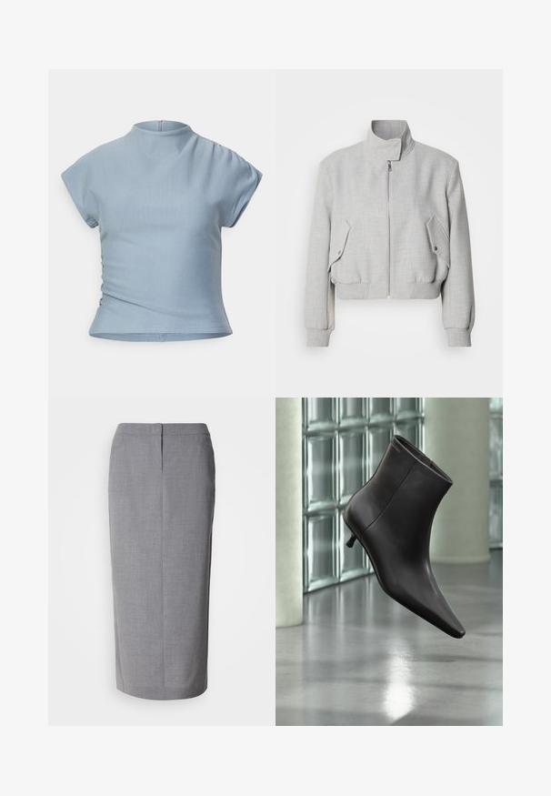 Veste courte gris clair avec un col haut, fermeture éclair et poignets côtelés. Dispose de deux poches latérales inclinées avec boutons-pression.; Haut bleu clair à manches courtes avec un col haut, design ajusté, détails froncés aux épaules et fermeture éclair invisible au dos.; Jupe crayon grise en tissu texturé, dotée d'une coupe droite, d'une fente au dos et d'une fermeture éclair dissimulée à l'arrière.; Bottine en cuir noir avec bout pointu et petit talon, présentée devant un mur en blocs de verre et un sol poli.