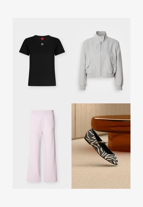Veste courte gris clair avec un col haut, fermeture éclair et poignets côtelés. Dispose de deux poches latérales inclinées avec boutons-pression.; T-shirt noir à manches courtes avec col rond et logo blanc "HUGO" centré près du col, étiquette rouge à l'intérieur de l'encolure.; Pantalon de jogging ample rose clair avec taille élastique et petit logo brodé sur la partie supérieure de la cuisse gauche.; Chaussure plate noire et blanche à rayures zébrées avec une bride à boucle dorée, posée sur un sol tapissé près d'un pied de table rond marron.