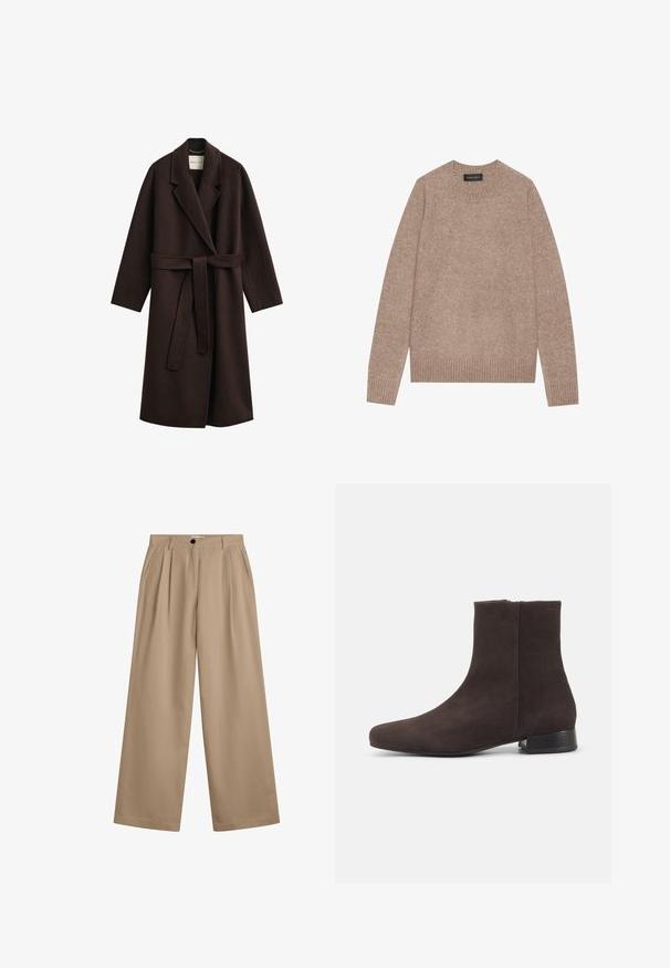 Lang mørkebrun uldfrakke med bælte, brede revers og lange ærmer, designet til koldt vejr.; Lys brun sweater med rund hals, lavet af blødt stof, med ribbede manchetter og kant. Simpelt design med en struktureret overflade.; Beige bukser med vide ben, frontplisseringer, sidelommer, bæltestropper og knaplukning i taljen.; Mørkebrun ruskind ankelstøvle med lav blokhæl og sidelås, slank rundet tå, på ensartet lys baggrund.