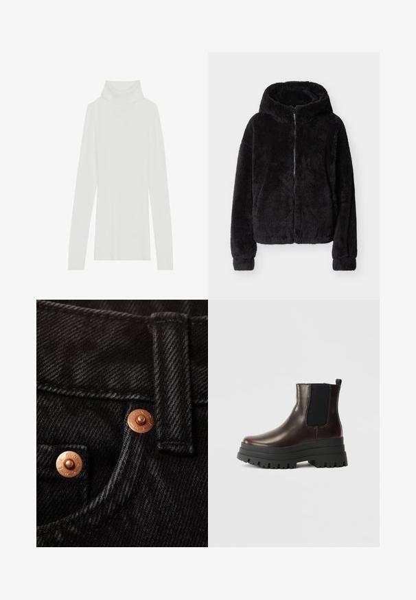 Sudadera negra con capucha y cremallera, de textura suave y peluda, con mangas largas, mostrada extendida sobre un fondo claro.; Suéter de cuello alto de canalé blanco con mangas largas, textura suave y un alto cuello enrollado, presentando un diseño ajustado y sin cierres visibles.; Primer plano de tela de mezclilla negra con un botón de cobre grabado, costuras reforzadas y una pretina plana.; Botín de cuero marrón hasta el tobillo con paneles laterales elásticos, suela plataforma negra robusta y tirador. Presenta un acabado suave y una suela de goma con relieve.