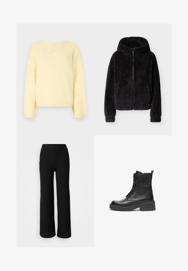 Zwarte, zachte zip-up hoodie met lange mouwen en een zachte, pluche textuur, plat uitgestald op een lichte achtergrond.; JDY Knitted JDYDINEA Knitted - Trui - pastel yellow; Zwarte geribbelde gebreide broek met een wijduitlopende pijp en een elastische tailleband, met een gladde structuur en een minimalistische stijl.; Zwarte leren enkellaars met een gestructureerde afwerking, ronde neus, vetersluiting en stevige platformzool. Beschikt over een trekhaak aan de achterkant.