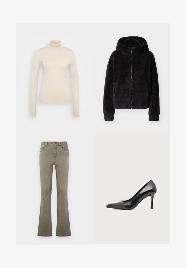 Sort, ludet lynlås-hættetrøje med lange ærmer og en blød, plyssede struktur, vist fladt på en lys baggrund.; Vero Moda Tall VMHAPPINESS ROLLNECK - Striktrøje - oatmeal; Olivenfarvede jeans med lige ben, for-trykknapslukning, bæltestropper og femlommesdesign, vist på en ensfarvet baggrund.; Sort laklæder damestilet med spids tå og slank hæl på en ensartet lys baggrund.